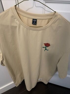 SHEIN men’s  Beige Tee with Red Rose Embroidery